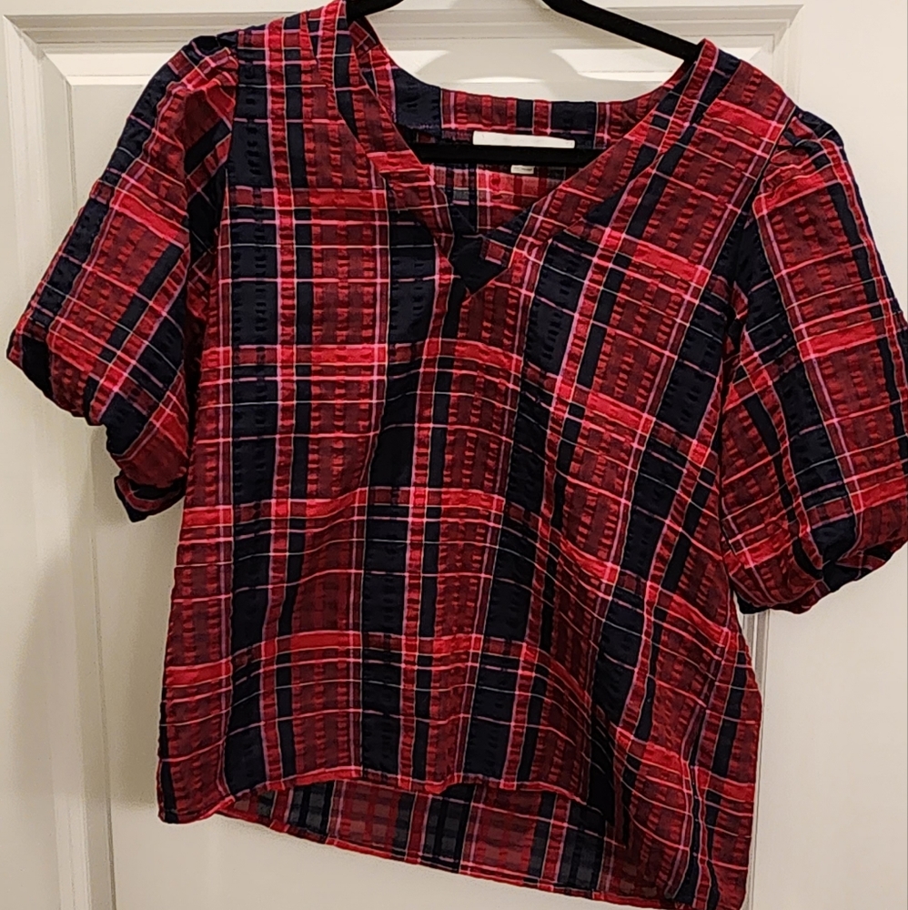 LOFT Plaid Balloon Sleeve V-Neck Top